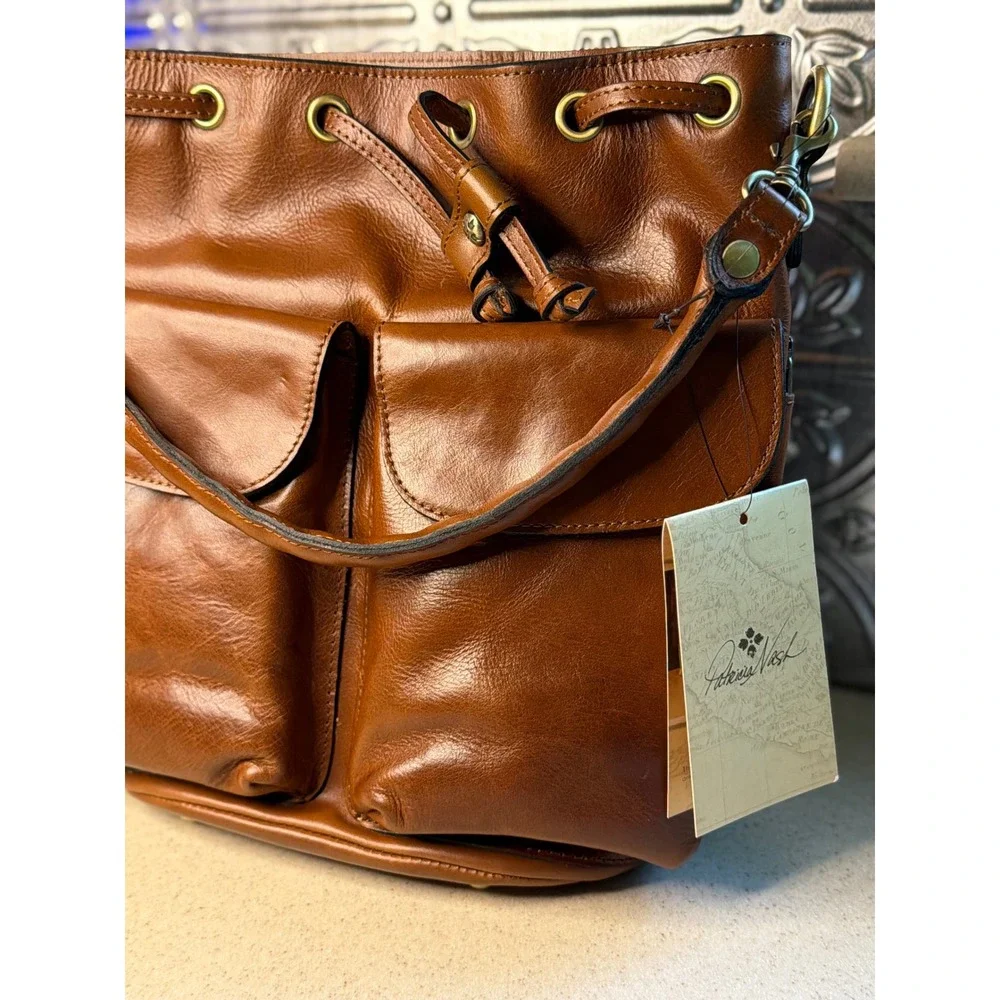 Patricia Nash Bucket Bag Brown Leather Cognac Drawstring‎ Crossbody Handbag